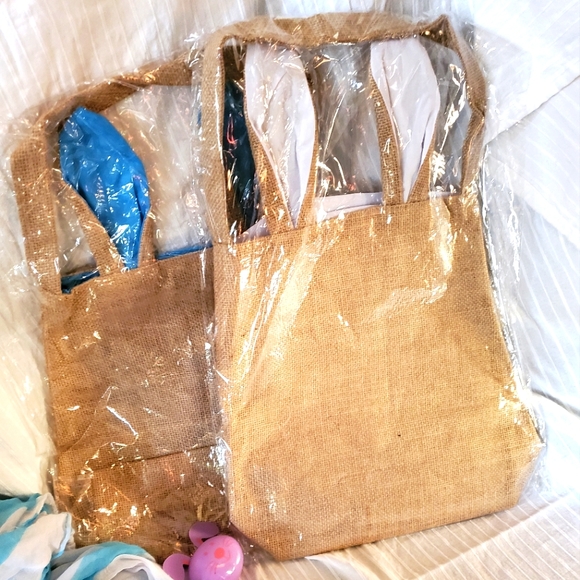 Burlap Cotton Lined Easter Basket Tote w Bunny Ears - Picture 1 of 6